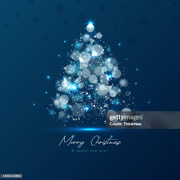 illustrazioni stock, clip art, cartoni animati e icone di tendenza di albero magico di natale fatto di luci blu su sfondo scuro - greeting card