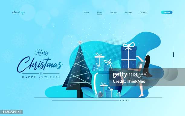 ilustraciones, imágenes clip art, dibujos animados e iconos de stock de concepto web de fiesta navideña. mujer celebrando vacaciones con árbol de navidad - red wine