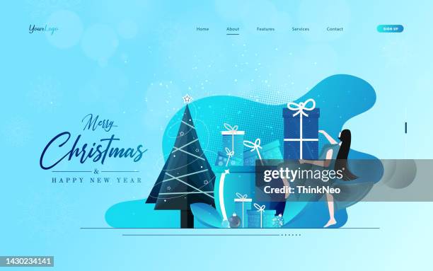 christmas party web concept. woman celebrating holiday with christmas tree - christmas background no people stock illustrations