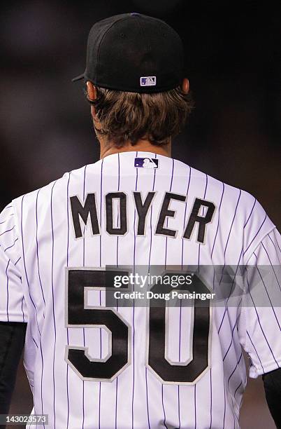 Starting pitcher Jamie Moyer of the Colorado Rockies pauses during a break in the action as he works against the San Diego Padres at Coors Field on...
