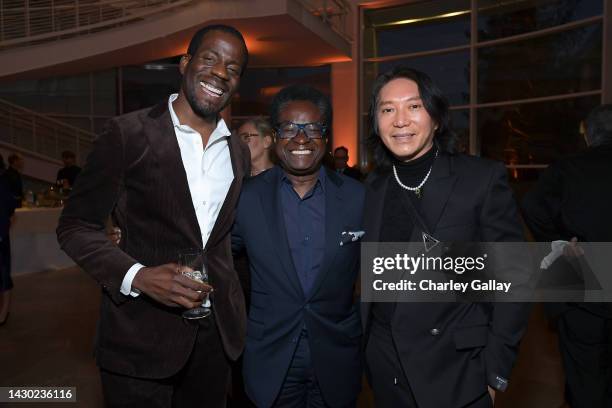 Ibert Schultz, Dee Kerrison and Hau Nguyen attend the Getty Medal Dinner 2022 at Getty Center on October 03, 2022 in Los Angeles, California.