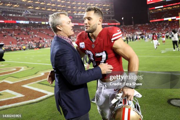 San Francisco 49ers general manager John Lynch congratulates Nick Bosa after they beat the Los Angeles Rams at Levi's Stadium on October 03, 2022 in...