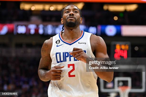Kawhi Leonard of the Los Angeles Clippers looks on during the first half of the preseason game against the Portland Trail Blazers at Climate Pledge...