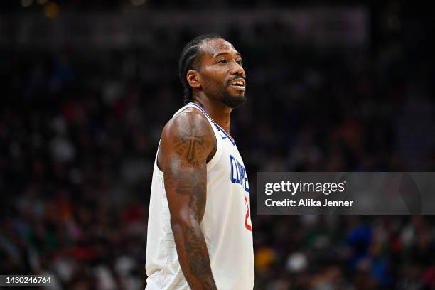 Kawhi Leonard of the Los Angeles Clippers looks on during the first half of the preseason game against the Portland Trail Blazers at Climate Pledge...