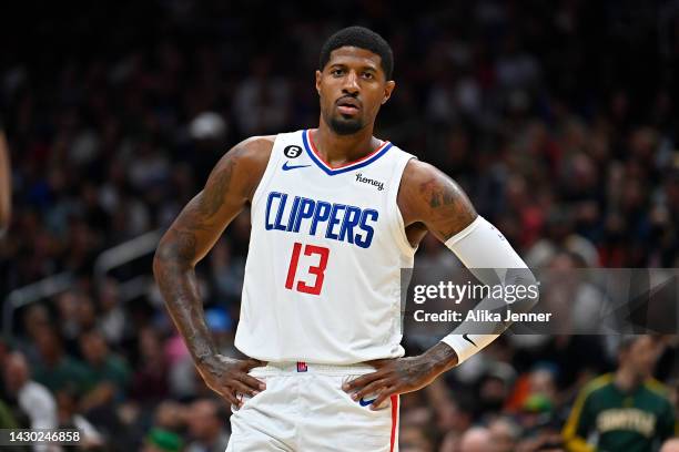 Paul George of the Los Angeles Clippers looks on during the first half of the preseason game against the Portland Trail Blazers at Climate Pledge...