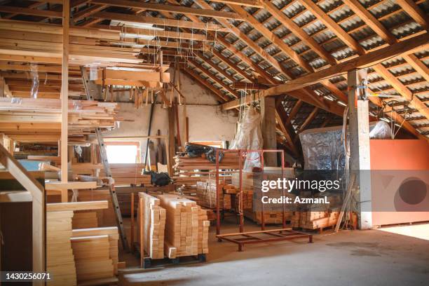 piles of wood material for carpentry - wood workshop stock pictures, royalty-free photos & images