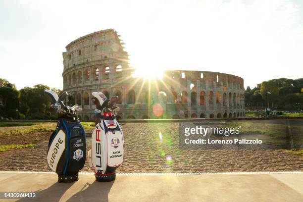 The golf clubs of Luke Donald of England and Zach Johnson of The United States are pictured infront of the Colosseum during the Ryder Cup 2023 Year...