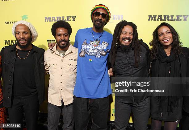 Ziggy Marley, Robbie Marley, Snoop Dogg, Rohan Marley and Rosario Dawson arrive at Magnolia Pictures' Los Angeles Premiere of "Marley" at ArcLight...