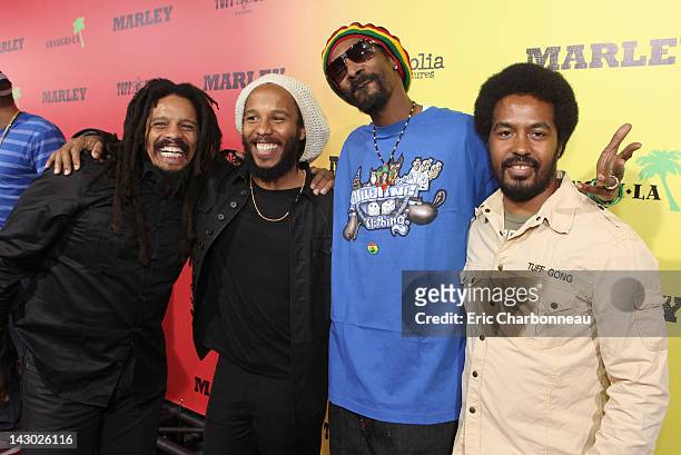 Rohan Marley, Ziggy Marley, Snoop Dogg and Robbie Marley arrive at Magnolia Pictures' Los Angeles Premiere of "Marley" at ArcLight Cinemas Cinerama...