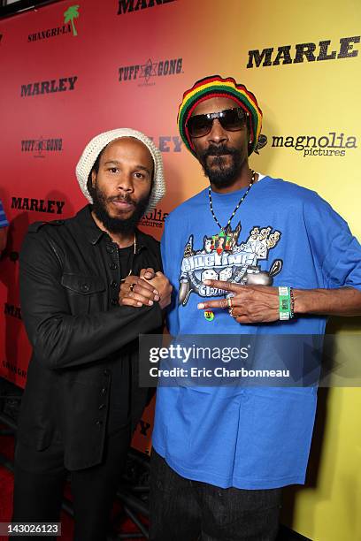 Ziggy Marley and Snoop Dogg arrive at Magnolia Pictures' Los Angeles Premiere of "Marley" at ArcLight Cinemas Cinerama Dome on April 17, 2012 in...