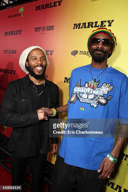 Ziggy Marley and Snoop Dogg arrive at Magnolia Pictures' Los Angeles Premiere of "Marley" at ArcLight Cinemas Cinerama Dome on April 17, 2012 in...