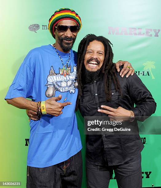 Rapper Snoop Dogg and Rohan Marley arrive at the Los Angeles premiere of "Marley" at ArcLight Cinemas Cinerama Dome on April 17, 2012 in Hollywood,...