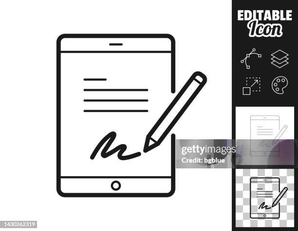 ilustraciones, imágenes clip art, dibujos animados e iconos de stock de firma electrónica en tablet pc. icono para el diseño. fácilmente editable - firmar
