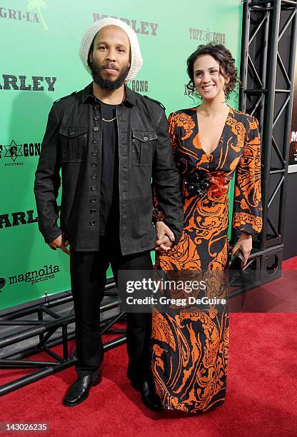 Musician Ziggy Marley and wife Orly Marley arrive at the Los Angeles premiere of "Marley" at ArcLight Cinemas Cinerama Dome on April 17, 2012 in...