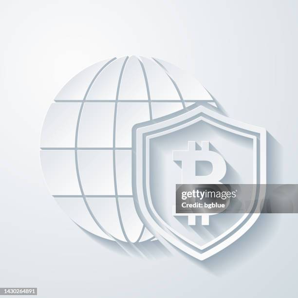 bitcoin shield with globe. icon with paper cut effect on blank background - save planet stock illustrations