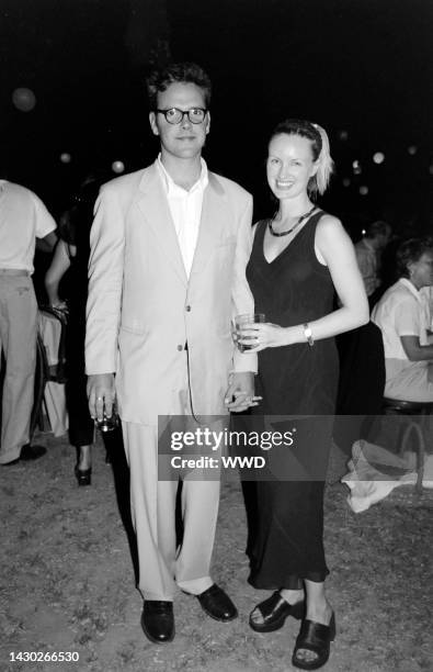 James Murdoch and Kathryn Hufschmid attend a party on Liberty Island in the Upper New York Bay on August 2, 1999.