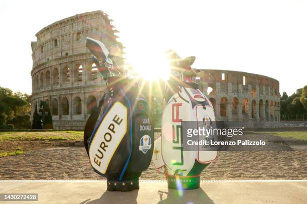 The golf clubs of Luke Donald of England and Zach Johnson of The United States are pictured infront of the Colosseum during the Ryder Cup 2023 Year...