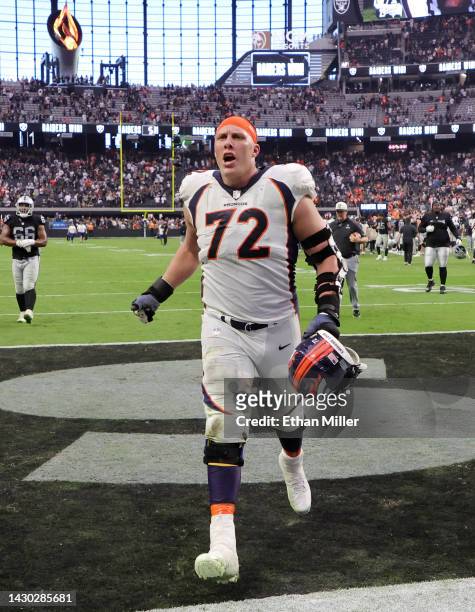 Offensive tackle Garett Bolles of the Denver Broncos tries to catch up with defensive end Chandler Jones of the Las Vegas Raiders as he leaves the...