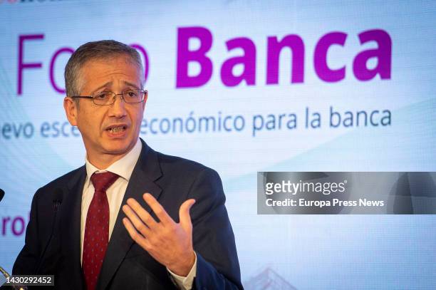 The Governor of the Bank of Spain, Pablo Hernandez de Cos, speaks during the V Banking Forum of the newspaper 'elEconomista', at the Hotel Villa...