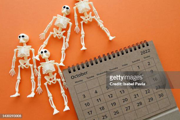 halloween flat lay with october calendar - business flat lay stock pictures, royalty-free photos & images