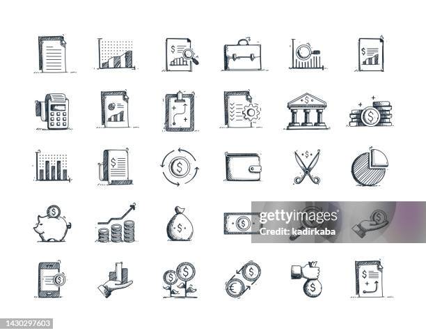 ilustraciones, imágenes clip art, dibujos animados e iconos de stock de contabilidad dibujo a mano vector doodle line icon set - cash flow