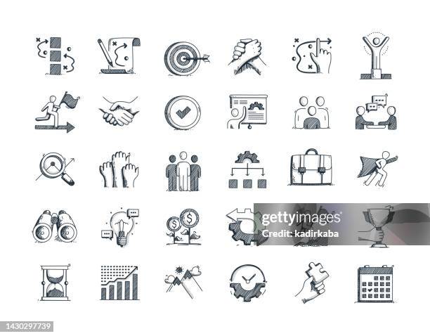 ilustraciones, imágenes clip art, dibujos animados e iconos de stock de plan de acción trazado a mano vector doodle line icon set - dibujante profesional