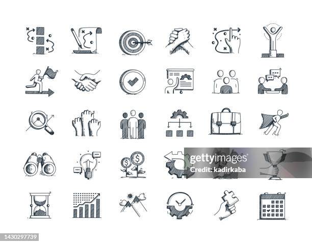 action plan hand drawn vector doodle line icon set - acting stock illustrations