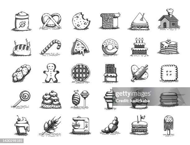 ilustraciones, imágenes clip art, dibujos animados e iconos de stock de conjunto de iconos de línea de garabato vectorial dibujado a mano de panadería - gingerbread house