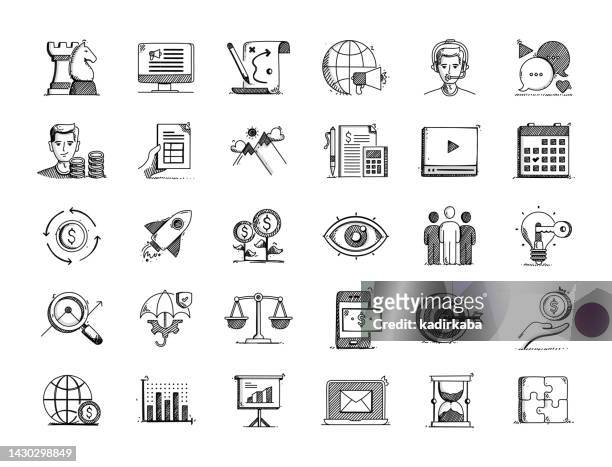 business and marketing hand drawn vector doodle line icon set - sketching brand stock illustrations
