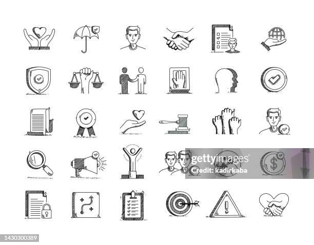 ilustraciones, imágenes clip art, dibujos animados e iconos de stock de ética empresarial dibujo a mano vector doodle line icon set - responsabilidad social
