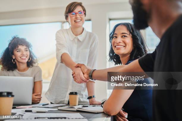 handshake, partnership deal and teamwork success in digital marketing office support, global trust or b2b business people meeting. smile, happy or welcome gesture for creative tech crm collaboration - handshake abstract stock pictures, royalty-free photos & images