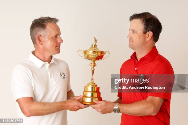 Team Captains Luke Donald of England and Zach Johnson of The United States pose for a photograph with the Ryder Cup Trophy during the Ryder Cup 2023...