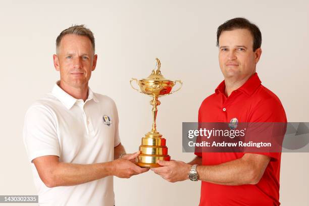 Team Captains Luke Donald of England and Zach Johnson of The United States pose for a photograph with the Ryder Cup Trophy during the Ryder Cup 2023...