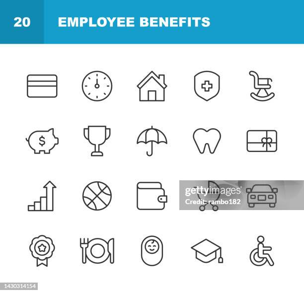 ilustraciones, imágenes clip art, dibujos animados e iconos de stock de iconos de línea de beneficios para empleados. trazo editable, contiene íconos tales como bono, cafetería, automóvil, seguro dental, descuentos, gimnasio, seguro de salud, licencia de maternidad, vacaciones pagadas, pensión, reclutamiento, trabajo remo - benefits