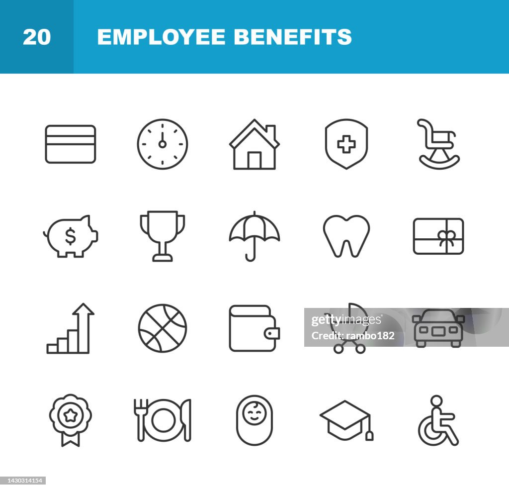Employee Benefits Line Icons. Editable Stroke, Contains such icons as Bonus, Cafeteria, Car, Dental Insurance, Discounts, Gym, Health Insurance, Maternity Leave, Paid Vacation, Pension, Recruitment, Remote Work, Retirement Plan, Social Security.
