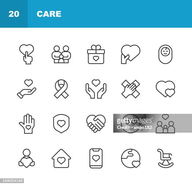 care line icons. editable stroke, contains such icons as caregiver, charity, community, disease, donation, family, giving, healthcare, heart, help, love, medicine, mental health, nurse, nursing house, palm of hand, patient, retirement, senior, support. - familie 幅插畫檔、美工圖案、卡通及圖標