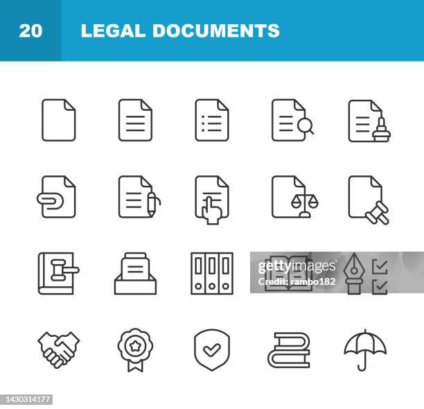 legal documents line icons. editable stroke, contains such icons as agreement, business, certificate, constitution, contract, court, files, folder, government, handshake, justice, law, lawyer, legislation, office, paperwork, research, signature. - government contract stock illustrations