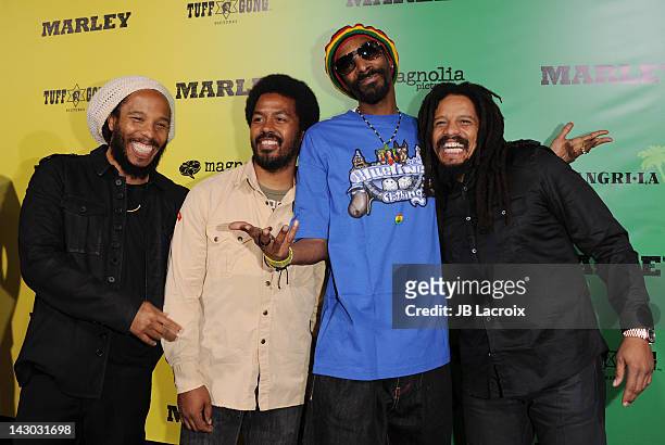 Ziggy Marley, Robert Marley, Snoop Dogg and Rohan Marley attend the Los Angeles premiere of "Marley" at ArcLight Cinemas Cinerama Dome on April 17,...
