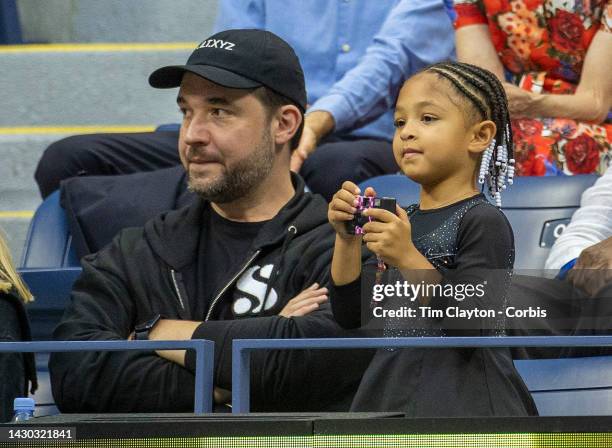 August 29: Serena Williams's daughter Alexis Olympia Ohanian Jr. And husband Alexis Ohanian in her team box before the Serena Williams of the United...