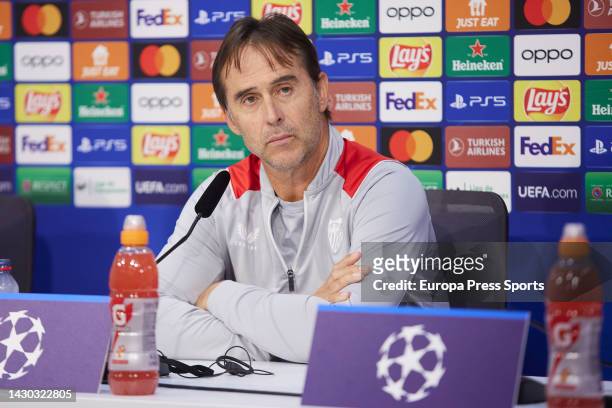 Julen Lopetegui, head coach of Sevilla poses during a press conference before the UEFA Champions League match between Sevilla FC and Borussia...