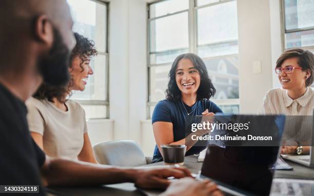 business meeting, global company and teamwork diversity with laptop, black man and women in south african office. smile, happy or creative people in communication, collaboration and strategy planning - happy worker imagens e fotografias de stock