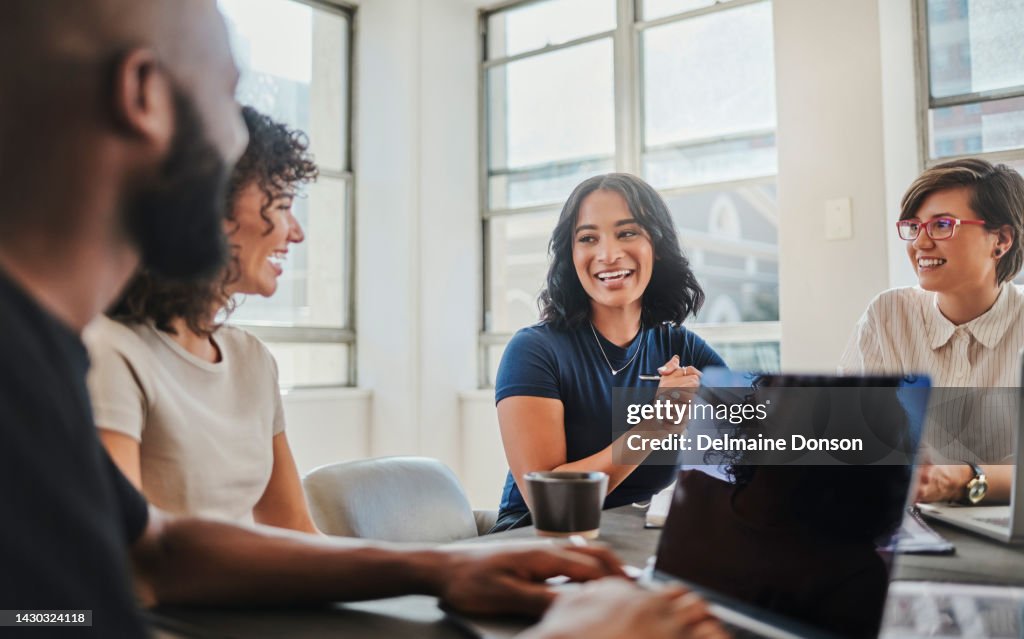 Business meeting, global company and teamwork diversity with laptop, black man and women in South African office. Smile, happy or creative people in communication, collaboration and strategy planning