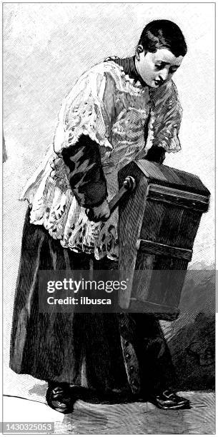 antique illustration: church bells alternative replacements during the holy week - replacement stock illustrations