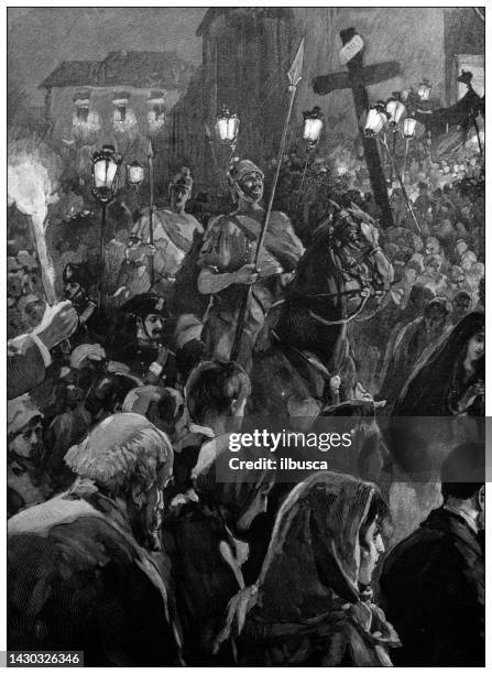 antique illustration: good friday night procession, siena - good friday mass stock illustrations