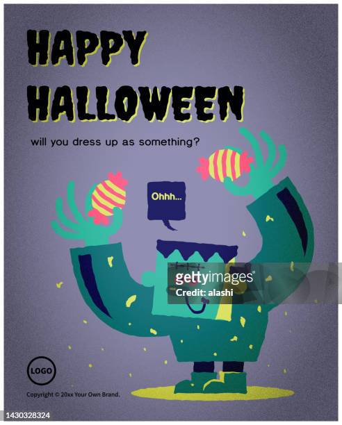 spooky frankenstein sagt, es ist halloween-zeit, trage dein bestes kostüm zu unserem monster-mash - frankenstein's monster stock-grafiken, -clipart, -cartoons und -symbole