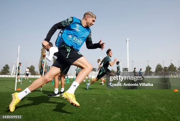 Federico Valverde, player of Real Madrid, is training with his teammates ahead of their UEFA Champions League group F match against Shakhtar Donetsk...