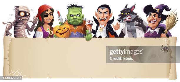 ilustraciones, imágenes clip art, dibujos animados e iconos de stock de criaturas aterradoras- banner de halloween - frankenstein