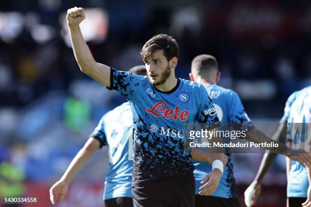 Khvicha Kvaratskhelia of SSC Napoli celebrates after scoring the goal of 3-0 during the Serie A football match between SSC Napoli and Torino FC at...