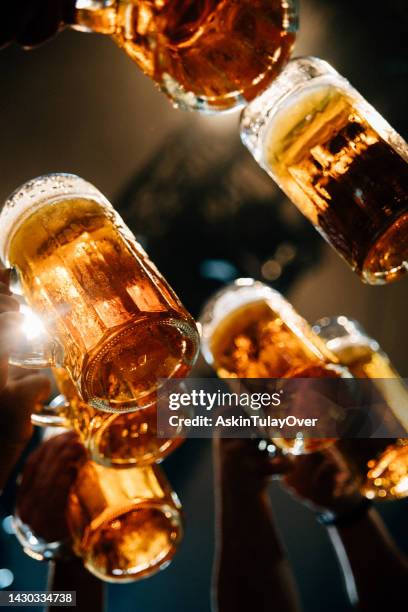 people raising beer glasses - oktober stockfoto's en -beelden