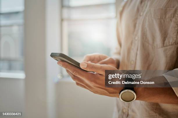 businessman hands, social media and phone typing, contact and communication on smartphone technology. closeup person mobile connection, 5g website and reading apps online with internet notification - notification stockfoto's en -beelden